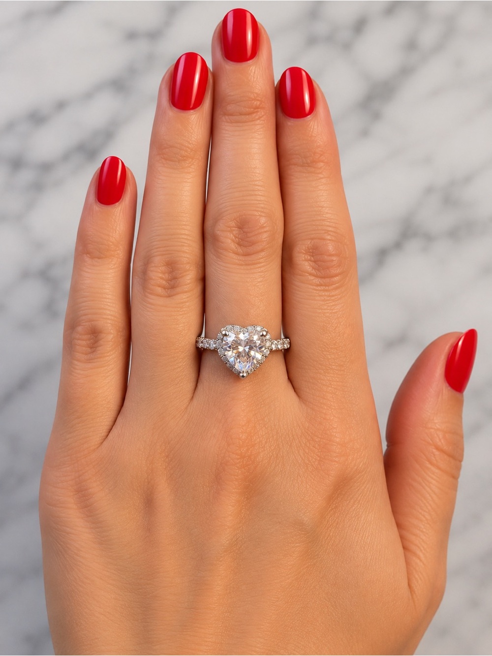 Sterling Silver Heart-Shaped Solitaire Ring with Sparkling Halo – Size 5
